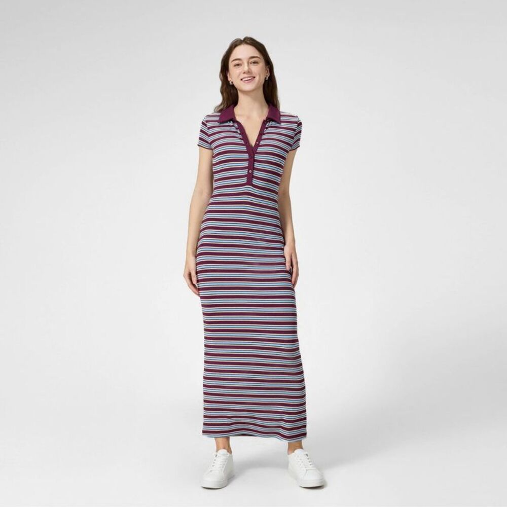 Women's Cap Sleeve Ribbed Maxi Bodycon Dress - A New Day Burgundy Striped S